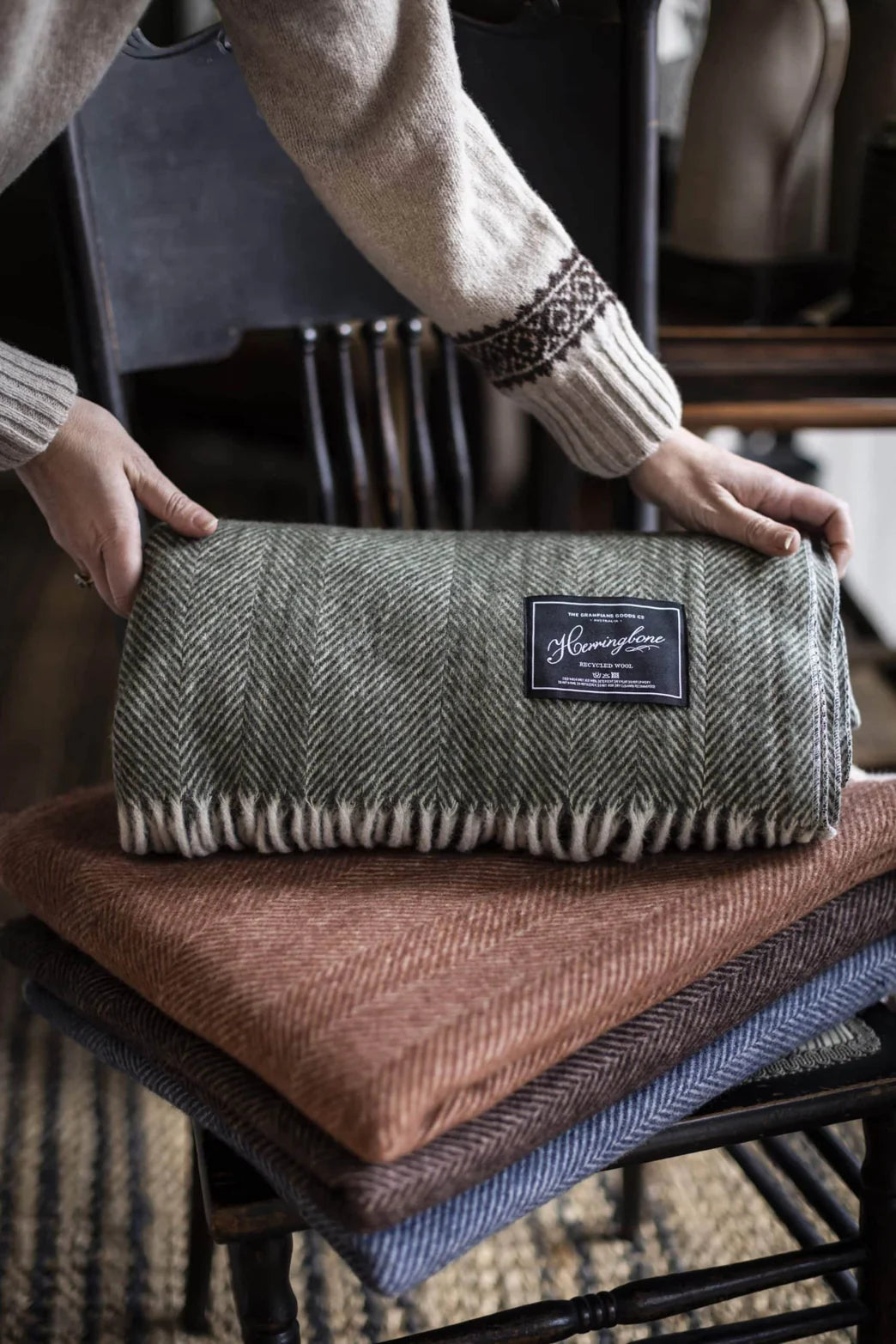 The Grampians Goods Co Herringbone Wool Blanket in Bayleaf