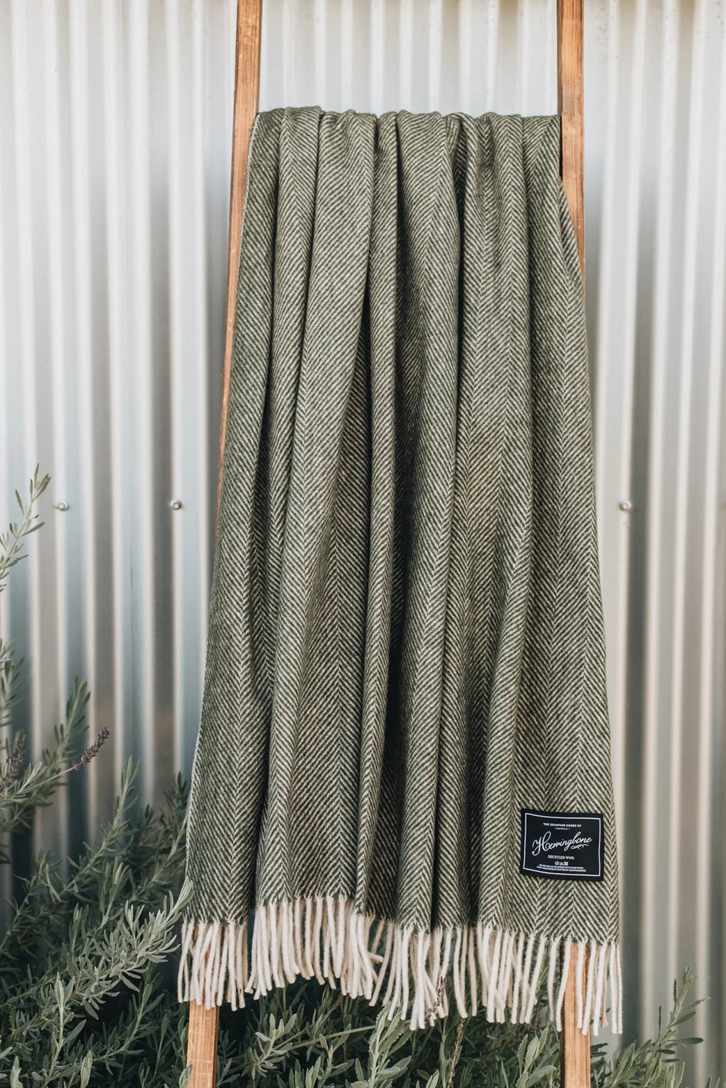 The Grampians Goods Co Herringbone Wool Blanket in Bayleaf